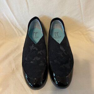 Thierry Rabotin Black Patent Leather and Canvas Wedge Loafer